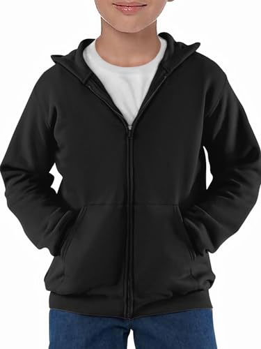 Haloumoning Chaqueta sudadera de manga larga con cremallera para niños, sudadera con capucha monocolor deportiva, chaqueta básica casual con cremallera, Negro , 13-14 años