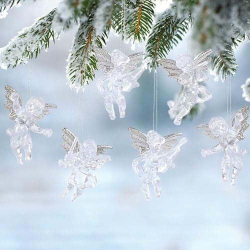 12 Adornos Acrílicos para el árbol de Navidad con Forma de ángel, Mini Adornos para el árbol de Navidad con Alas Plateadas para Colgar en Regalos, Coronas de Adviento