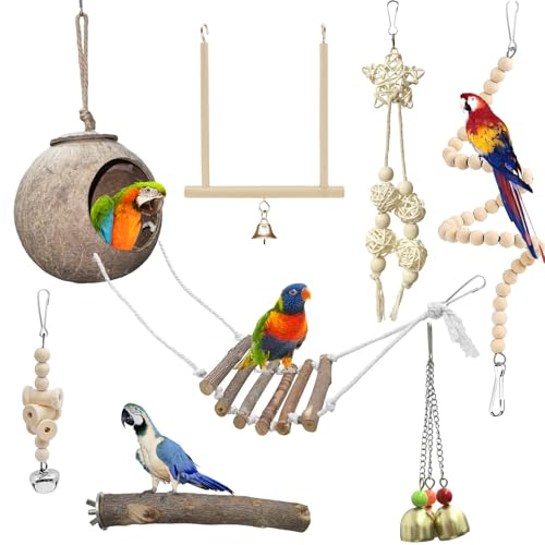 Gmphix 7 Pezzi Giochi per Pappagalli Gabbia per Uccelli in Cocco Naturale con Scala Giocattoli Pappagallo di Uccelli in Corda Accessori per Gabbia per Cockatiels, Ara, Pappagallini Piccoli e Medi