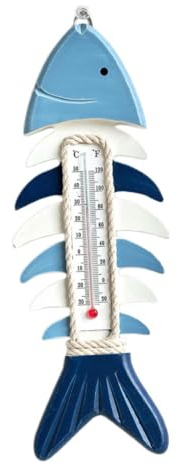 TOYANDONA Termometro da Parete Forma di Lisca di Pesce in Legno Blu e Bianco Decorazione Marina Versatile per Interni ed Esterni con Indicatore Temperatura per Casa Giardino Bagno e