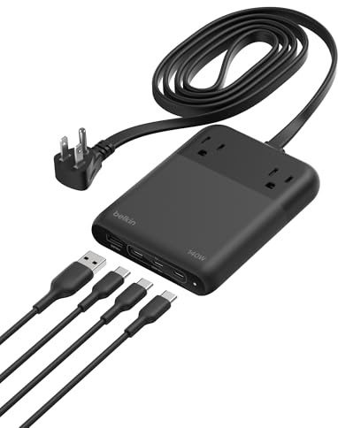 Belkin 2-Outlet GaN Charging Station 140W, USB C Charger w/ 2X AC Outlets, 3X USB C Ports, and 1x USB A Port - Power Strip for iPhone, Apple Watch, iPad, MacBook, Chromebook, Galaxy, Pixel, & More