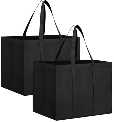 InfiniZer 2 Pack Shopping Bags Large Capacity Foldable Grocery Tote Bags Washable Lightweight Reusable Tote For Supermarket Picnic Camping Travel Beach (2, Black)