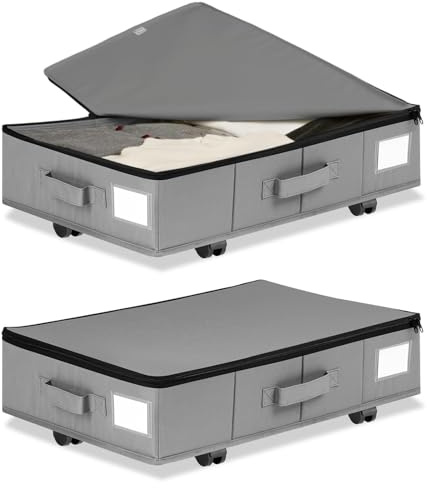 2 x cassettiere sotto il letto con ruote, rotazione a 360°, pieghevole, con coperchio, ultra spessi, 600D Oxford (grigio, 60 x 40 x 18,5 cm)