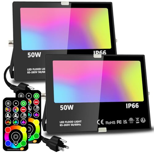 MELPO Led Flood Light 500W Equivalent, RGBW Led Outdoor Lights Colored Floodlight with Remote,50W,5000ML 2700K,120 Colors, Timing, Dimmable, Custom Modes, Landscape Lighting (2 Pack)