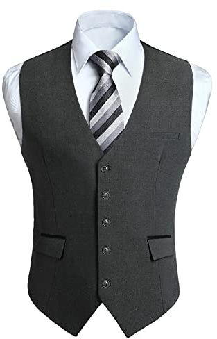HISDERN Gray Mens Vest Formal Business Suit Vest Dress Solid Color Wedding Waistcoat Slim Regular Fit for Suit or Tuxedo with Pockets Party Classic