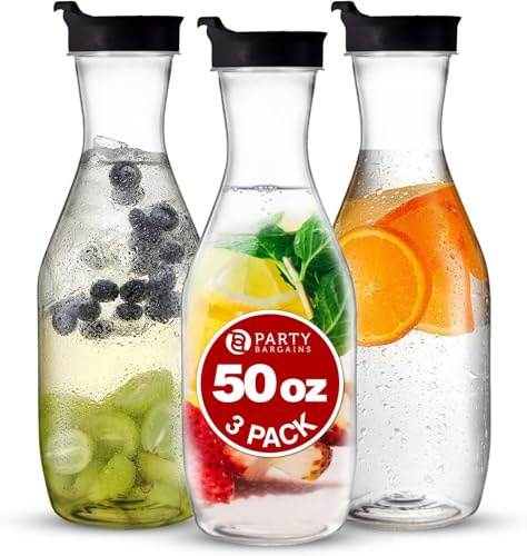 PARTY BARGAINS 50 oz Plastic Carafe with Black Flip-Tab Lid, Clear – 3 Pack Heavy-Duty Spill-Resistant Pitchers for Iced Tea, Juice, Cold Beverages, Powdered Drinks, Mimosa Bar