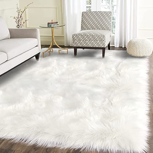Latepis Alfombra rectangular de piel sintética de oveja blanca de 4 x 6 pies, mullida, lavable, para sala de estar, dormitorio, sala de juegos, decoración lujosa de habitación, 4 x 6 pies
