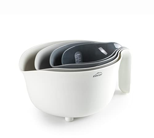 LACOR - 62633 - Set de 4 bols PRACTIC 100% sans BPA, bol mélangeur (3,5 L), égouttoir (2 L, 2 carafes mesurantes (1/0,5 L), empilable, adapté au lave-vaisselle, Ø 22 x 15 cm, blanc, gris