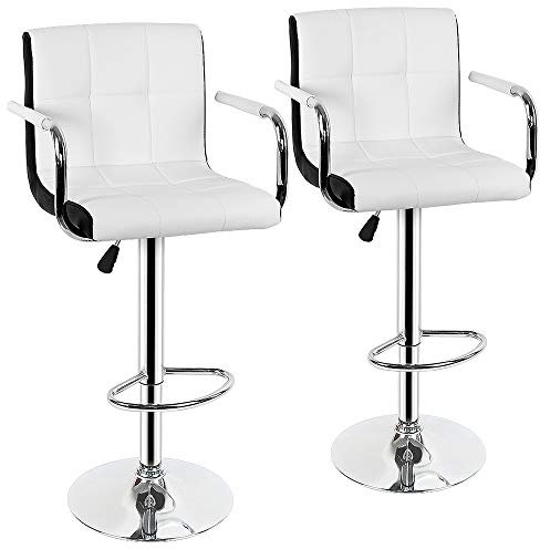 THINFAR 2er Set Barhocker mit gepolstertem Ledersitz, höhenverstellbar mit Kissen, 360° drehbares Chromgestell (D, Weiß+Schwarz)