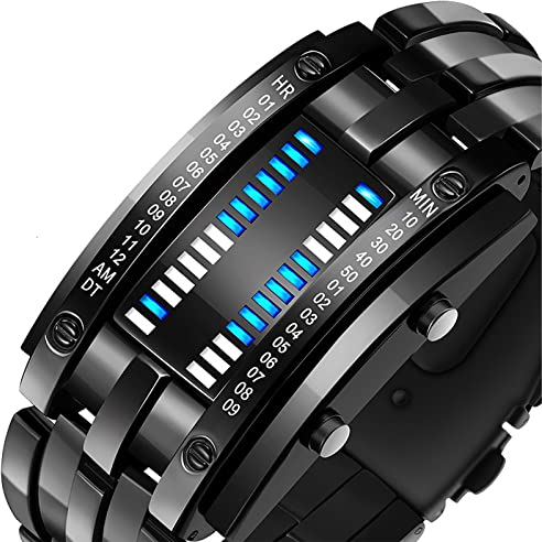 Armbanduhren für Herren, Kreative Herren-Binärmatrix, Blaue LED-Digitaluhr, Modeklassiker, Schwarz überzogen, Wasserdicht, Wasserdicht, Hintergrundbeleuchtung, Armbanduhren