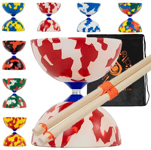 Jester Diabolo Set with Wood Sticks - Pro Medium Rubber Diablo Set With Wooden Handsticks and Cascade Carry Bag (Red and White)