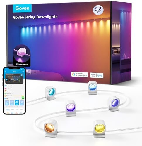 Govee RGBIC String Downlights, Smart LED String Lights Works with Alexa, Color Changing Indoor Wall Light Fixture for Party, Music Sync, 9.8ft with 15 LEDs, White