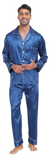 North Bund Pijama para Hombre Manga Larga Ropa De Dormir Cómodo Suave Conjunto Cintura Elástica Transpirable con Botones Seda Camiseta Casa Estar Invierno Primavera otoño Azul Oscuro M