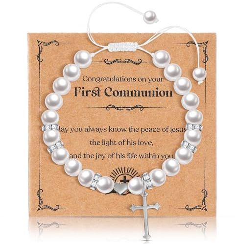 Sinmoe Geschenke zur Erstkommunion Rosenkranz Armband für Taufgeschenke Verstellbares Perlenarmband mit Kreuz und Herz Glückwunschkarten Samt Geschenkbeutel Kristall Christlicher Schmuck für Mädchen