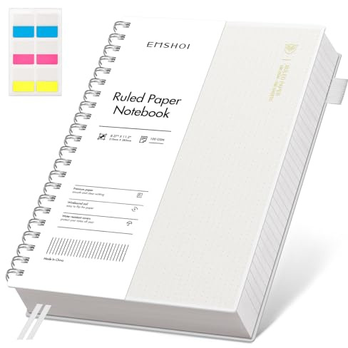 EMSHOI A4 Notebook Lined, Spiral Journal, 300 Pages, PVC Cover, Transparent | 100GSM Paper, Flexible Plastic Cover, Notepad with Sticky Notes, Pocket, Pen Loop, Bookmark Ruler for Writing, 21 x 28.5cm