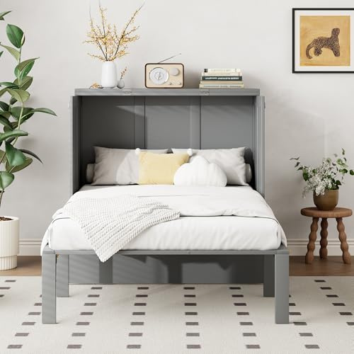 Idemon Armario Cama 90 x 200 cm, Plegable de Pared Con Somier, Vertical, Juvenil (Gris)