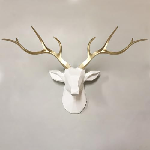 NEONMAN Geometrische Hirschkopf Wandskulptur Hirsch Hirschhorn Statue Hirschkopf-Wanddekoration 3d Hirschgeweih Deko Wanddeko Wandskulptur Kunstharz Tierkopf Wanddeko Hirsch Wanddeko Wand-Tierkopf(Gol