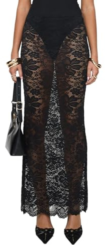 FeMereina Jupe longue sexy en dentelle transparente Y2K pour femme - Dentelle florale - Maille - Cache-maillot de plage - Jupe longue - Esthétique - Coquette streetwear