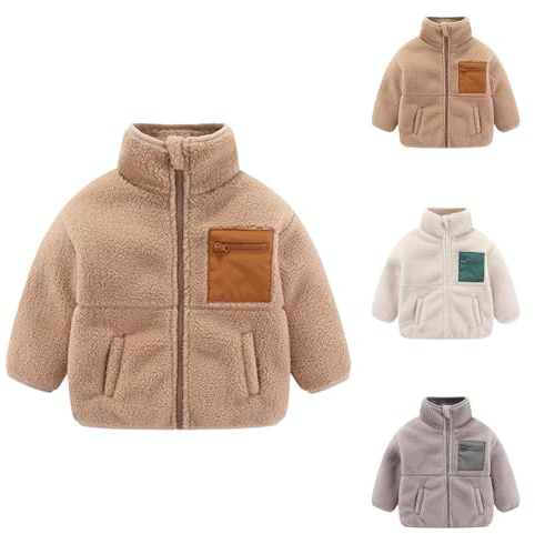 Guqmjde Teddy Fleecejacke Kinder Winterjacke Sweatjacke Jungen Fleecefütterung Mantel Casual Wintermantel Jacken Plüschjacke Stehkragen Übergangsjacke Flauschjacke Beige,3 Jahre
