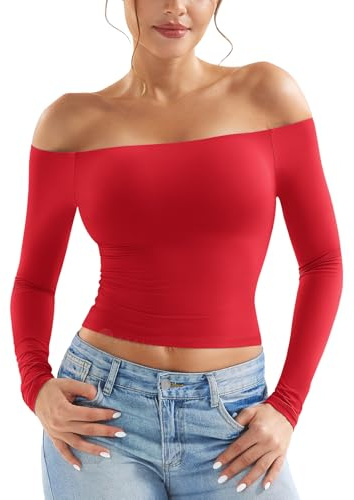 ZAAYO - Top da donna a maniche lunghe, spalle scoperte, Y2K, crop top, basic, T-shirt sportiva, con spalle scoperte, per palestra, Colore: rosso, S