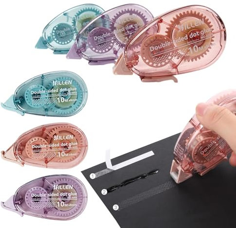 6PCS Glue Double Sided Tape, Scrapbook Accessories,8mm x 10m Double Sided Glue Tape Dispenser,Adhesive Glue Tape Roller Stamping Supplies for School Home Office Crafting Gift Wrapping