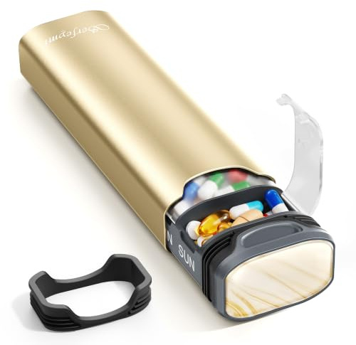 Weekly Pill Boxes 7 Day 1 Times A Day,Serfeymi Metal Pill Organiser(Spare Gasket Provide),Travel Tablet Dispenser,Daily Pill Case,Dosette Box,Medicine Holder for Medication,Supplement(Indiv Lid)-Gold