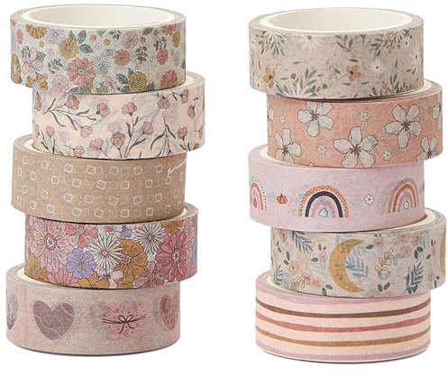 YUBX 10 Rollen Boho Washi Tape Set, Masking Tape Grafisches Blumenmuster Dekoratives Klebeband Bunt für DIY Handwerk, Verschönert Journals, Planer, Scrapbooking und Verpackung (Warm)