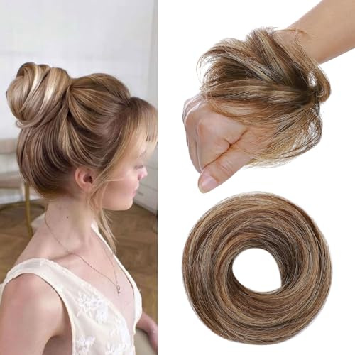 MY-LADY Haarteil Mit Gummiband Dutt Haarteil Haargummi Mit Haaren Glatt 100% Echthaar, Hochsteckfrisuren Haarverlängerung für Damen Mädchen (#4p27 Mittelbraun/Dunkelblond,17g)