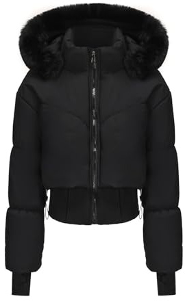 Mrat Women Cropped Puffer Jacket, Winter Warm Quilted Padded Down Coat with Thumb Hole, Ladies Slim Fit Full Zip Up Jackets, Faux Fur Hood Waterproof Lightweight Short Coats, Solid Color Outerwear