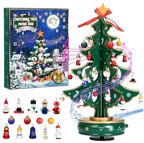Calendario dell'Avvento 2025, albero di Natale in legno, ornamento decorativo con 24 mini decorazioni natalizie e 1 stella corona, Avvento Calendar 2025 Musical Wooden Christmas Tree with Classic