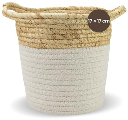 Panier de rangement Jean & Len, rond, en coton et paille, polyvalent pour les serviettes, les cosmétiques et les petits ustensiles, solution de rangement décorative et durable, 17 x 17 cm