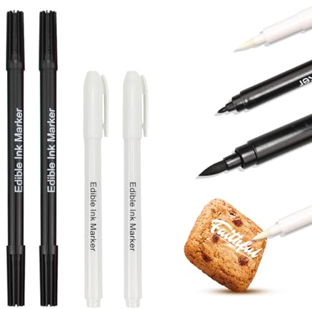 4 Feutre Alimentaire, Stylo Alimentaire Noir et Blanc Pâtisserie, Colorant Alimentaire Blanc Noir pour Décoration de Gâteaux, Biscuits, Fondants et Desserts Diy, Adapté Aux Fêtes d'Anniversaire