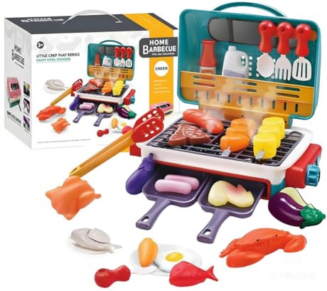 Kit de barbecue pour enfant avec bruit de fumée, lumière et aliments changeants de couleur, kit de jeu interactif pour l'extérieur - Mallette de cuisine pour filles et garçons