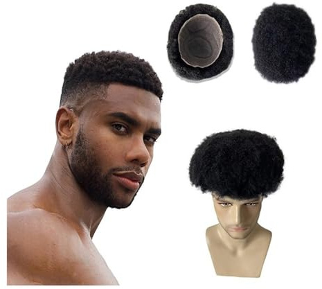 Uso Masculino Tupé Afro Rizado for Hombres Negros, 20 x 25 cm, Base de Encaje Completo, Doble Nudo, prótesis capilar Cabeza de Peluca(1b#,10mm Curly)