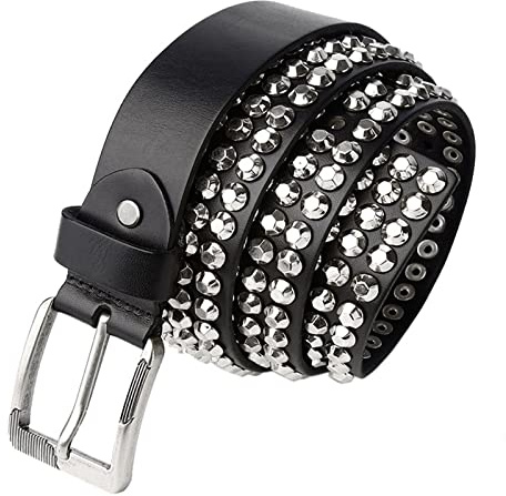 Unisex Punk Läderbälte - Rock Metal Silver 3 Rader Unikt Nitbälte, Spänne, For Jeansbyxor(Black,120cm/waist:40-42in)