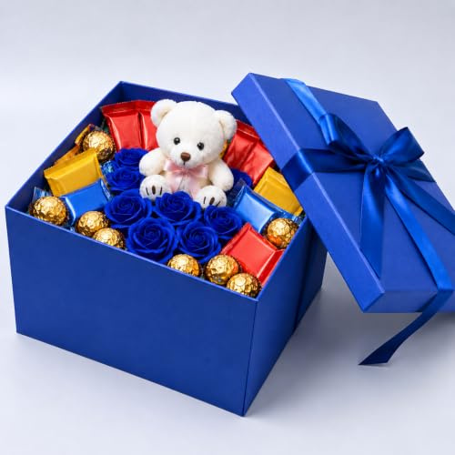 Blue DIY Snack Explosion Gift Box, 23 x 23 x 16 cm Cardboard Surprise Box with Ribbons and Double-Sided Tape, Multi-Layered Memory Box for Birthdays, Weddings and Anniversaries