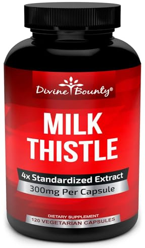 Divine Bounty Pure Milk Thistle Capsules Supplement - A Potent 1200mg Milk Thistle Supplement with 4X Concentrated Extract (Standardized) 120 Vegetarian Capsules