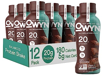 OWYN Only What You Need Plant Based Protein Shake, Dark Chocolate, 20g Vegan Protein from Organic Pumpkin seed, Flax, Pea Blend, Omega-3, Prebiotic supplements, Gluten and Soy-Free, (12 Pack)