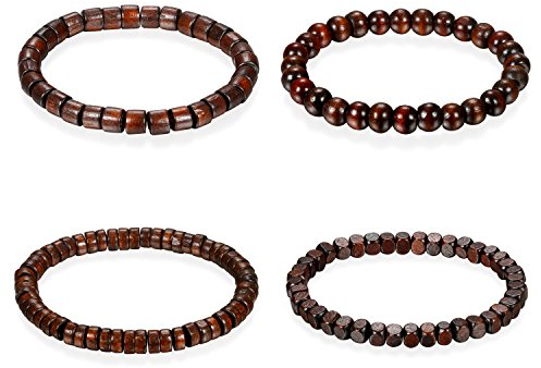 Flongo Armband Gebetskette Armkette, 4 Stück Holz Perle Perlen Kugel Gebetskette Armband Kette Dunkelbraun Surfer Wickeln für Damen Herren Accessoires Schmuckset