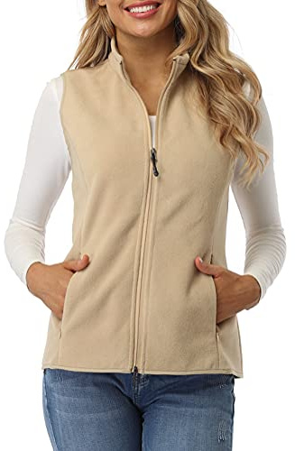 fuinloth Gilet in pile da donna,Termico Senza Maniche Elegante Collare Eretto con Zip e Tasca Cachi M