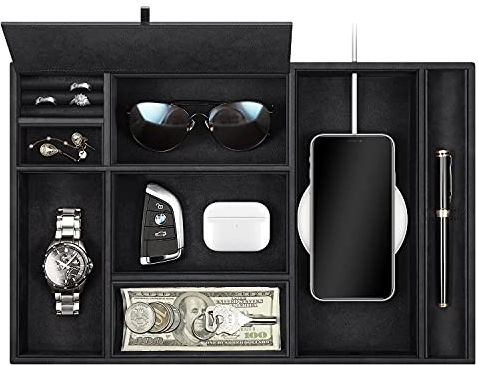 SITHON Taschenleerer Tisch Organizer, 8 Fächer Tablett Ablage Aufbewahrungsbox Kunstleder Nachttisch Kosmetiktablett Münzbox Schlüssel Schmuck Organizer, Schwarz
