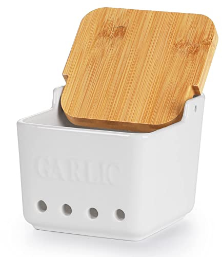 ONTUBE Garlic Keeper with Lid, Ceramic Garlic Holder Storage 4.7-Inch (White)