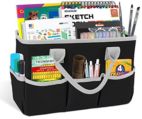 Godery Desktop Tote and Organizer, Teacher Helper Bag for Arts, Books, Stationery, Office Desk Organization, Make-up Storage with Handles for Travel (BLACK-2)