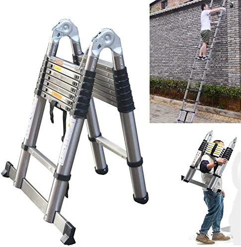5M (2.5m+2.5m) Extension Ladders A-Frame & Straight Multi-Purpose Extendable Steps Ladder, Telescopic Ladder Foldable Stainless Steel Tall Lofter Ladder for Indoor Outdoor Work, Max Load 150kg, EN131