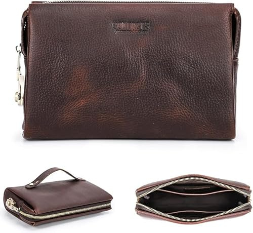 CONTACTS Bolso de mano para hombres de cuero genuino con organizador de tarjetas ID, de gran capacidad con cerradura antirrobo, cartera de viaje, soporte para pasaporte y teléfono con correa para la
