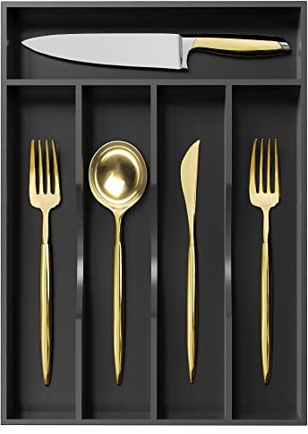 Greenual Black Silverware Organizer 10 In Utensil Organizer Silverware Tray for Drawer Cutlery Flatware Organizer for Kitchen Bamboo Wood