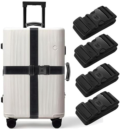 BILIONE 4 Pcs Luggage Straps for Suitcases Strap Lockable Suitcase Belts | Heavy Duty Luggage Straps,Adjustable Suitcase Straps,Premium Accessory for Travel Bag Closure (Black)