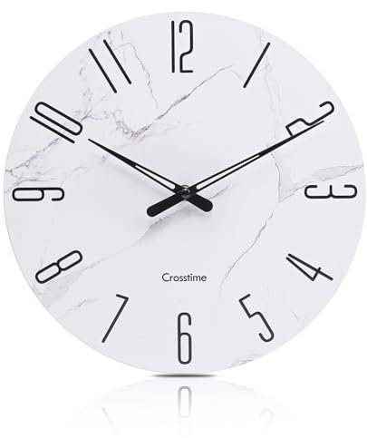 Crosstime Waterproof Glass Wall Clock 30cm - Modern Marble Theme for Bathroom, Kitchen Wall Decor