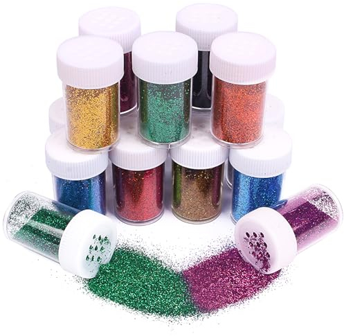 12 Farben Mini Glitzerpulver Set, Nicht Giftig Glitzerpuder Zum Basteln, Bunt Bastel Glitzer Set, Glitzerpulver Kreativ Set für DIY Crafts, Nägel, Körper, Haare, Festival-Party-Kunst, 12 x 18g(216g)