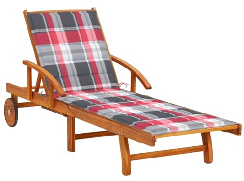 PABURNI Sonnenliege für den Außenbereich, mit Kissen, Strandstühle, leicht, für Strand, Garten, Camping, Seite des Pools, neigbare Rückenlehne, ergonomisches Design, rote Karos, 200 x 67 x 30 cm